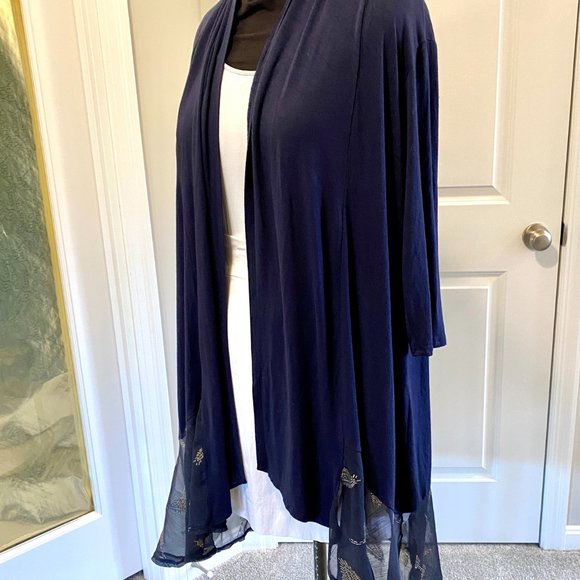 LAVANYA 3X Navy Rayon knit Hi-Lo Duster w/Luxurious embroidered chiffon panel - Picture 4 of 9